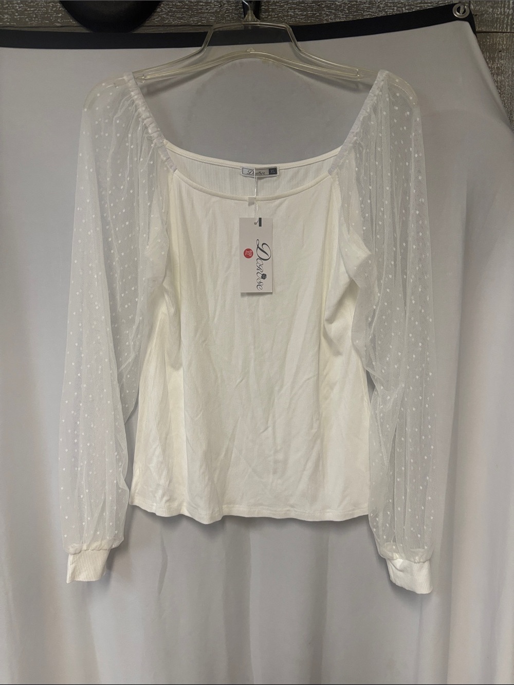 White Scoop Neck Blouse with Sheer Dot Bishop Sleeves